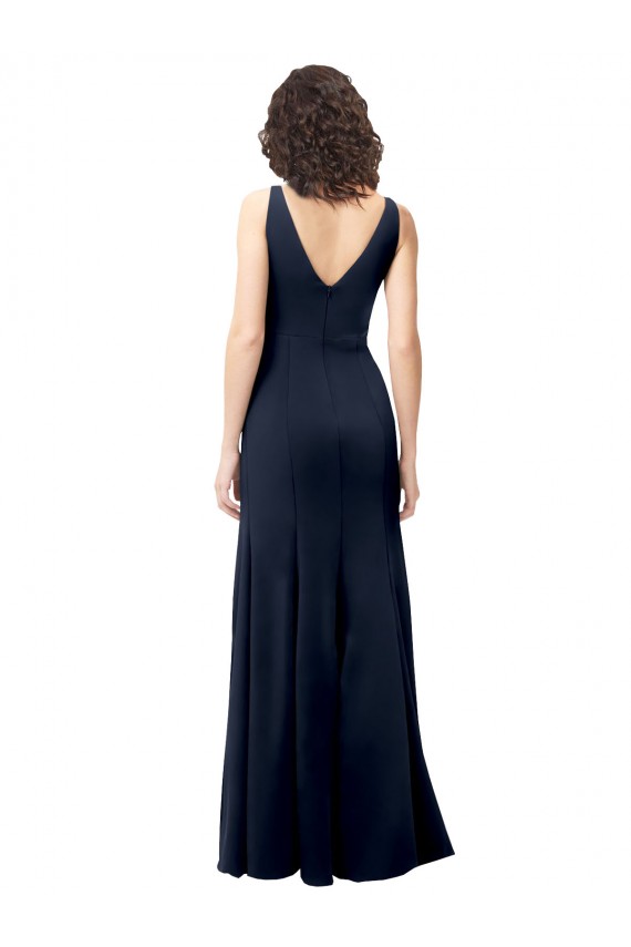 Bleu marine foncé Trapèze Col V Crêpe Stretch Longue Formelles Robes demoiselle d'honneur / Robes de soirée / Robes de bal à Bas Prix