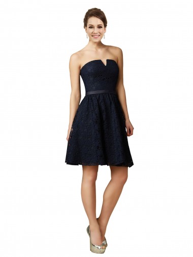 Bleu marine foncé Trapèze Col V Dentelle Courte Robes demoiselle d'honneur / Robes de cocktail à Bas Prix