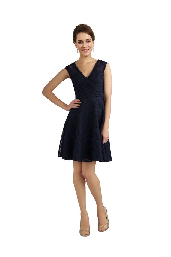 Bleu marine foncé Trapèze Col V Dentelle Courte Robes demoiselle d'honneur / Robes de cocktail à Bas Prix