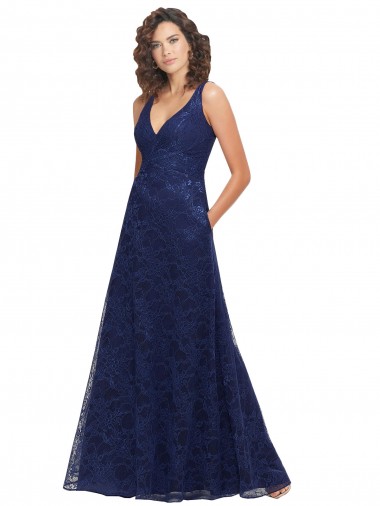 Bleu marine foncé Trapèze Col V Dentelle Longue Robes demoiselle d'honneur à Bas Prix