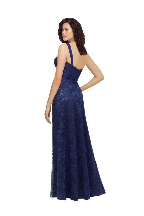 Bleu marine foncé Trapèze Col V Dentelle Longue Robes demoiselle d'honneur à Bas Prix