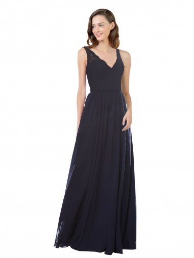 Bleu marine foncé Trapèze Col V Mousseline Dentelle Longue Robes demoiselle d'honneur à Bas Prix