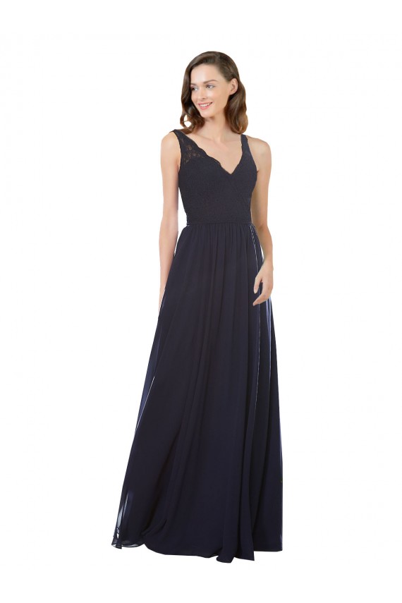 Bleu marine foncé Trapèze Col V Mousseline Dentelle Longue Robes demoiselle d'honneur à Bas Prix