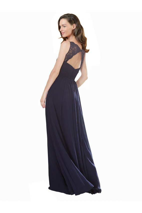 Bleu marine foncé Trapèze Col V Mousseline Dentelle Longue Robes demoiselle d'honneur à Bas Prix