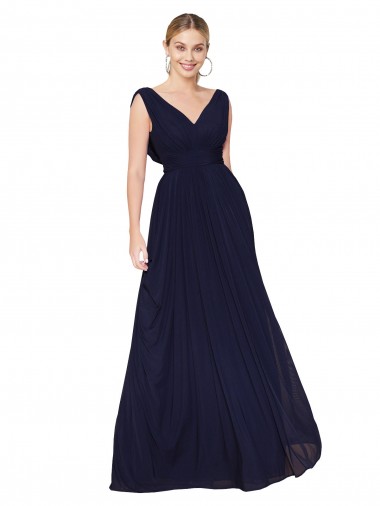 Bleu marine foncé Trapèze Col V Mousseline Longue Formelles Robes demoiselle d'honneur / Robes de soirée / Robes de bal à Bas Prix