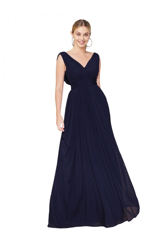 Bleu marine foncé Trapèze Col V Mousseline Longue Formelles Robes demoiselle d'honneur / Robes de soirée / Robes de bal à Bas Prix
