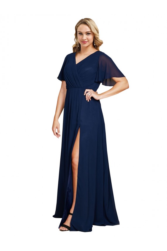 Bleu marine foncé Trapèze Col V Mousseline Longue Formelles Robes demoiselle d'honneur / Robes de soirée / Robes de bal à Bas Prix