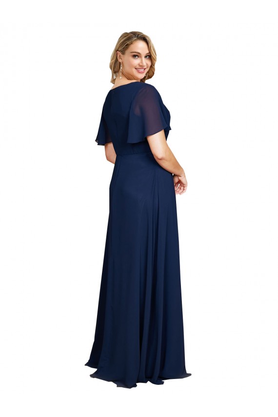 Bleu marine foncé Trapèze Col V Mousseline Longue Formelles Robes demoiselle d'honneur / Robes de soirée / Robes de bal à Bas Prix