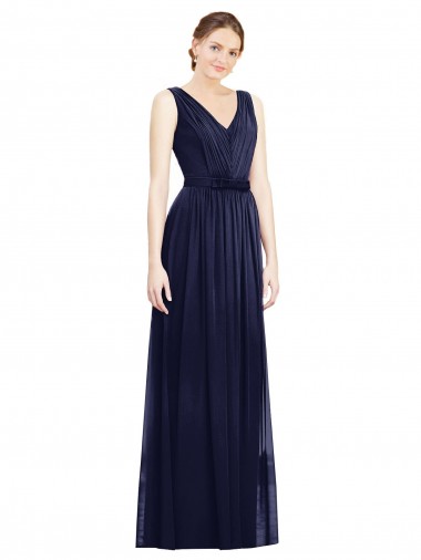 Bleu marine foncé Trapèze Col V Mousseline Longue Robes demoiselle d'honneur à Bas Prix