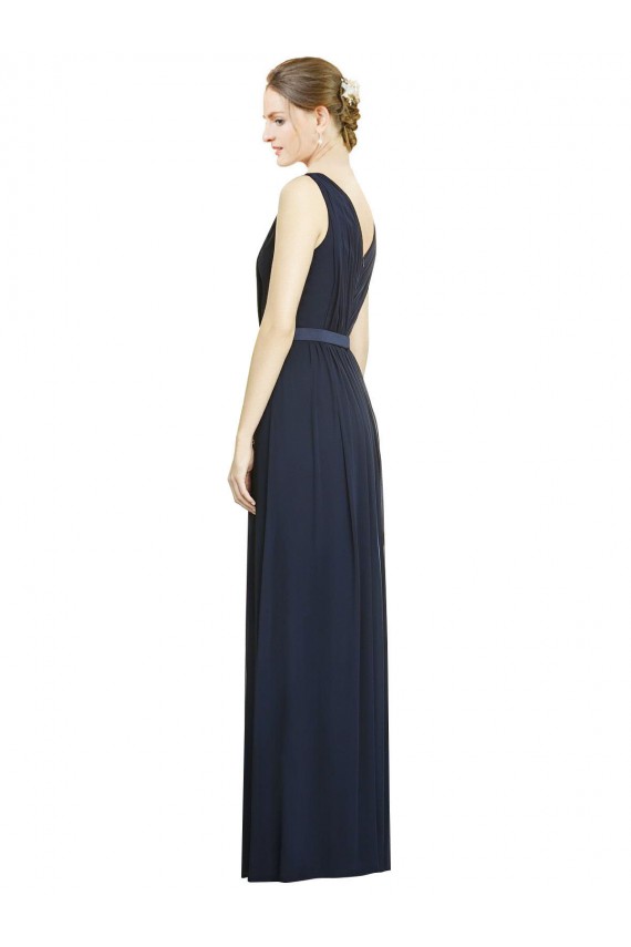 Bleu marine foncé Trapèze Col V Mousseline Longue Robes demoiselle d'honneur à Bas Prix