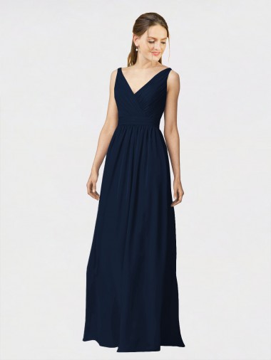 Bleu marine foncé Trapèze Col V Mousseline Longue Robes demoiselle d'honneur à Bas Prix
