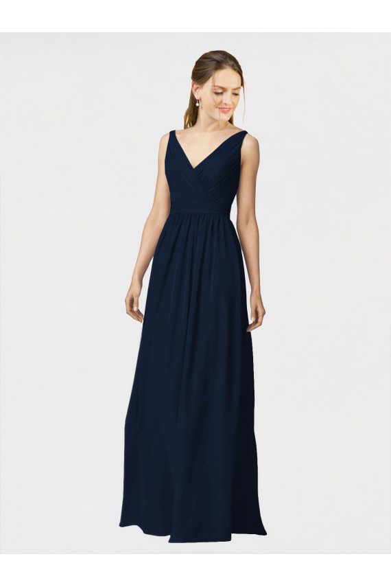 Bleu marine foncé Trapèze Col V Mousseline Longue Robes demoiselle d'honneur à Bas Prix