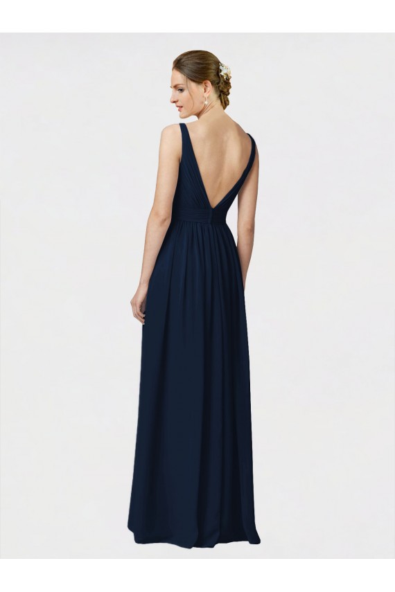 Bleu marine foncé Trapèze Col V Mousseline Longue Robes demoiselle d'honneur à Bas Prix