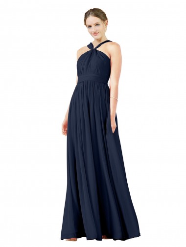 Bleu marine foncé Trapèze Col V Mousseline Longue Robes demoiselle d'honneur à Bas Prix