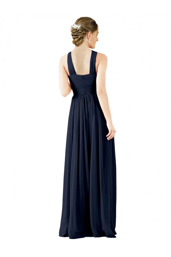 Bleu marine foncé Trapèze Col V Mousseline Longue Robes demoiselle d'honneur à Bas Prix