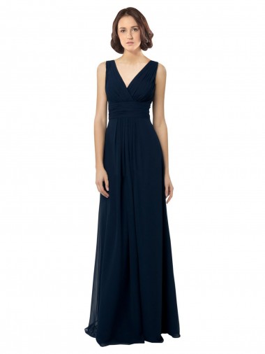 Bleu marine foncé Trapèze Col V Mousseline Longue Robes demoiselle d'honneur à Bas Prix