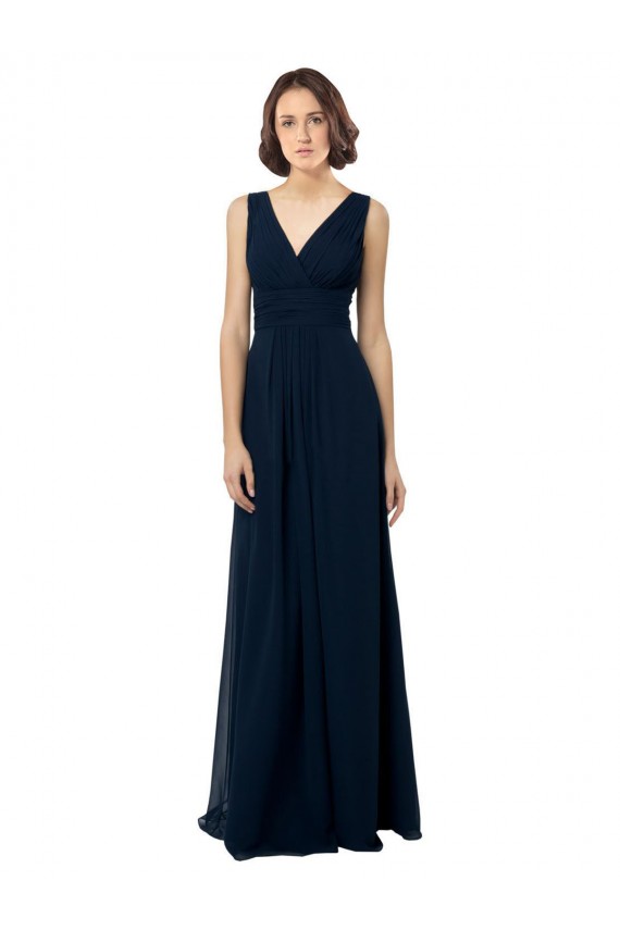 Bleu marine foncé Trapèze Col V Mousseline Longue Robes demoiselle d'honneur à Bas Prix