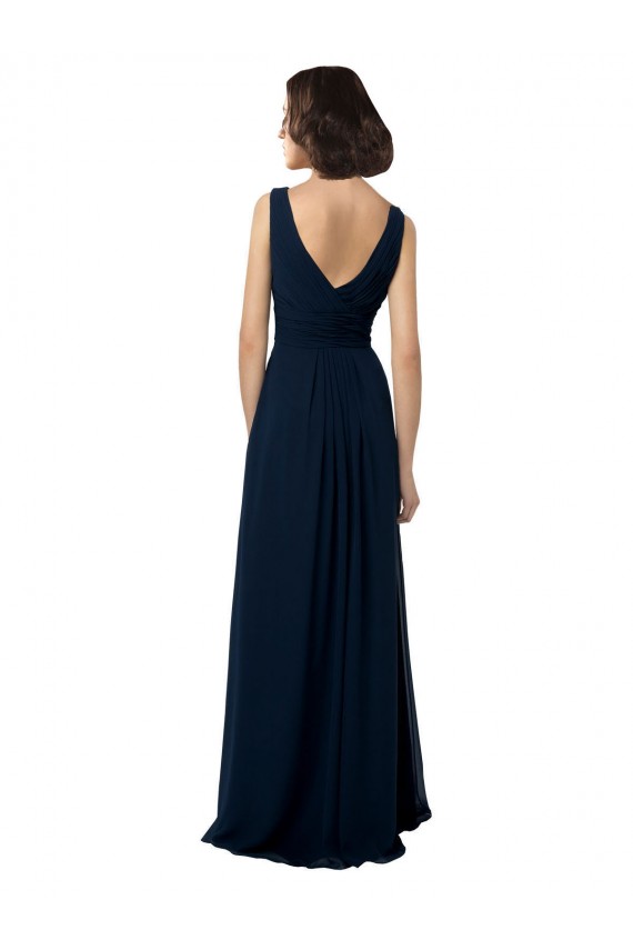 Bleu marine foncé Trapèze Col V Mousseline Longue Robes demoiselle d'honneur à Bas Prix