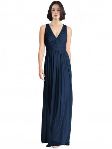 Bleu marine foncé Trapèze Col V Mousseline Longue Robes demoiselle d'honneur à Bas Prix