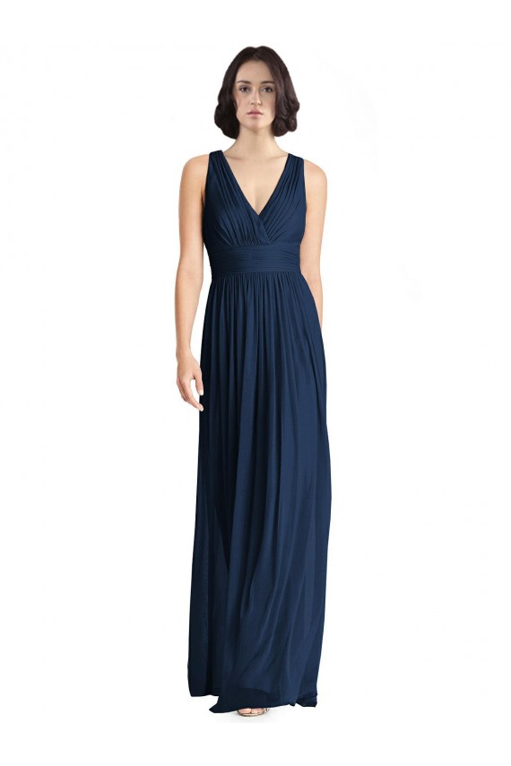 Bleu marine foncé Trapèze Col V Mousseline Longue Robes demoiselle d'honneur à Bas Prix