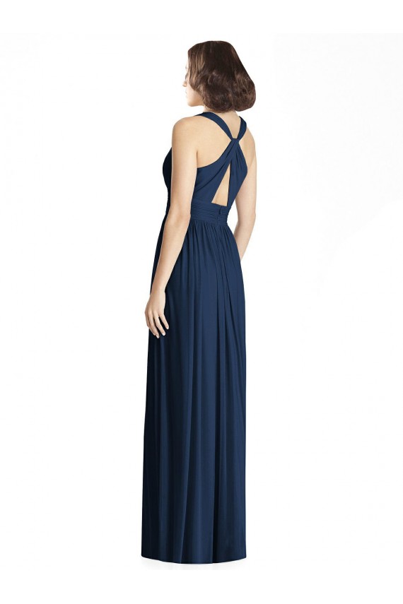 Bleu marine foncé Trapèze Col V Mousseline Longue Robes demoiselle d'honneur à Bas Prix