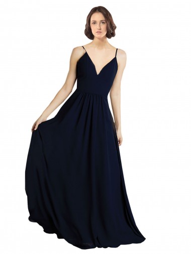 Bleu marine foncé Trapèze Col V Mousseline Longue Robes demoiselle d'honneur à Bas Prix