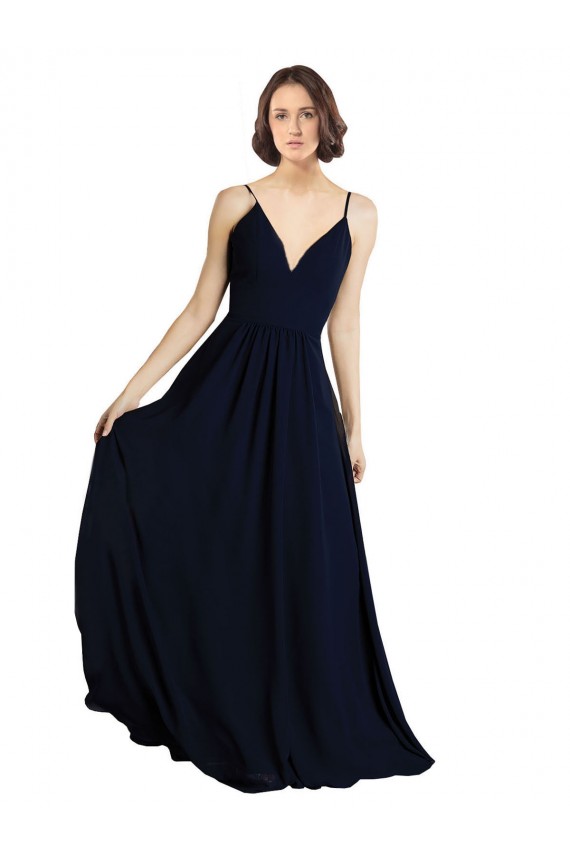 Bleu marine foncé Trapèze Col V Mousseline Longue Robes demoiselle d'honneur à Bas Prix