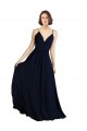 Bleu marine foncé Trapèze Col V Mousseline Longue Robes demoiselle d'honneur à Bas Prix