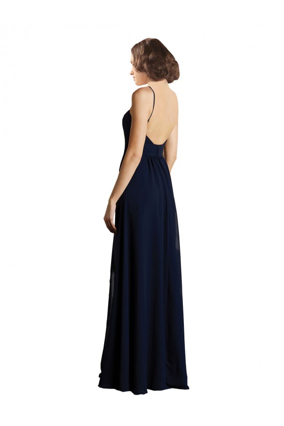 Bleu marine foncé Trapèze Col V Mousseline Longue Robes demoiselle d'honneur à Bas Prix