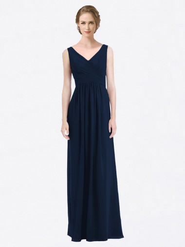 Bleu marine foncé Trapèze Col V Mousseline Longue Robes demoiselle d'honneur à Bas Prix