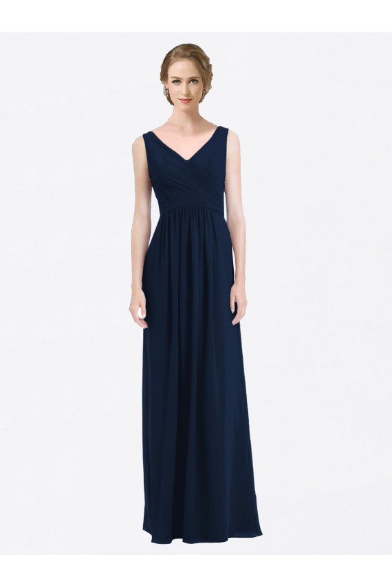 Bleu marine foncé Trapèze Col V Mousseline Longue Robes demoiselle d'honneur à Bas Prix