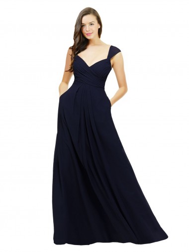 Bleu marine foncé Trapèze Col V Mousseline Longue Robes demoiselle d'honneur à Bas Prix