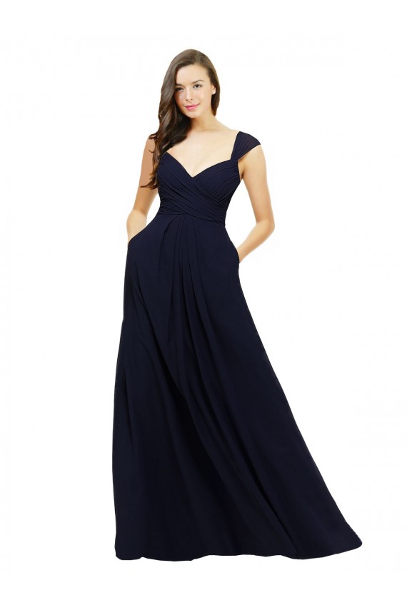 Bleu marine foncé Trapèze Col V Mousseline Longue Robes demoiselle d'honneur à Bas Prix