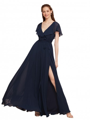 Bleu marine foncé Trapèze Col V Mousseline Longue Robes demoiselle d'honneur à Bas Prix