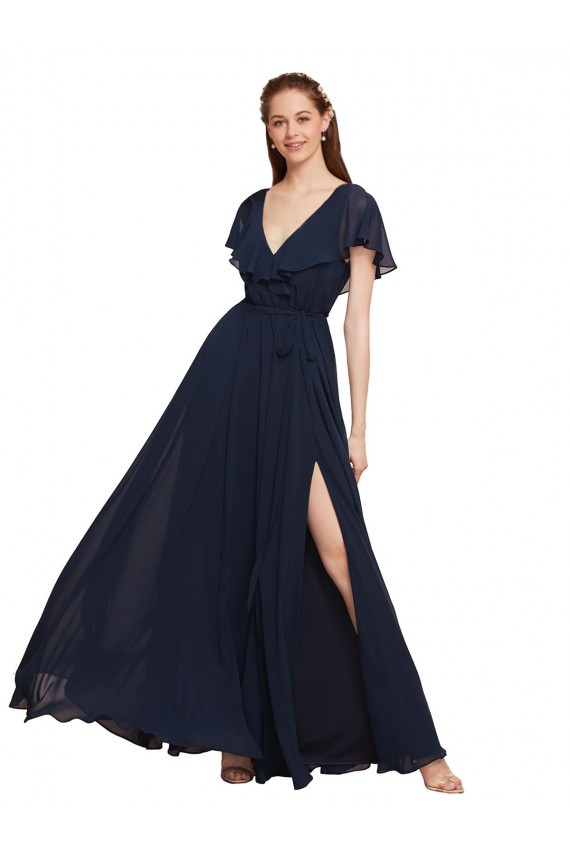 Bleu marine foncé Trapèze Col V Mousseline Longue Robes demoiselle d'honneur à Bas Prix