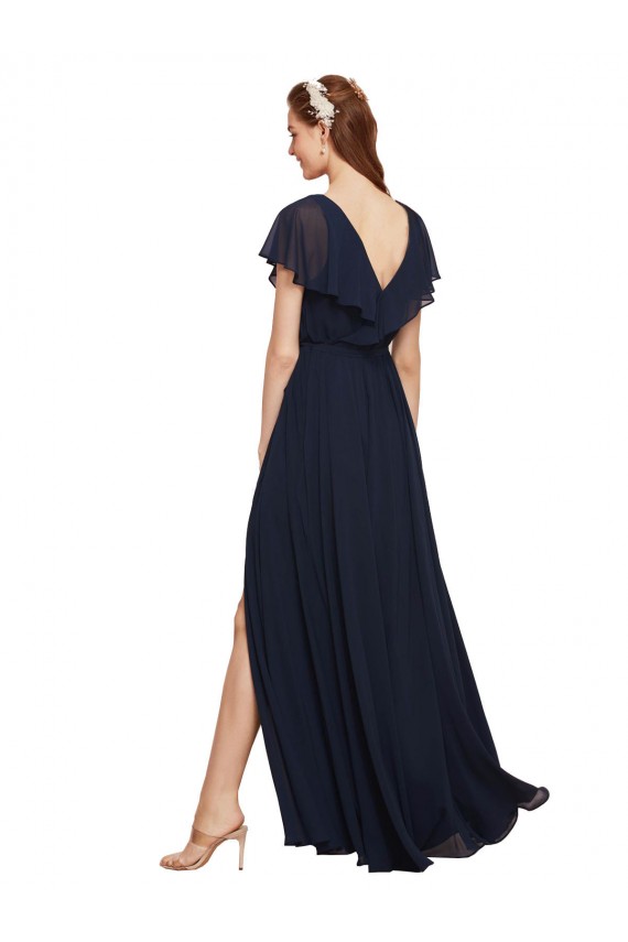 Bleu marine foncé Trapèze Col V Mousseline Longue Robes demoiselle d'honneur à Bas Prix