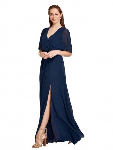 Bleu marine foncé Trapèze Col V Mousseline Longue Robes demoiselle d'honneur à Bas Prix