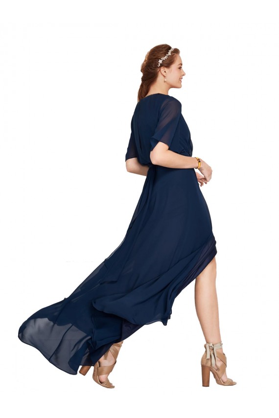 Bleu marine foncé Trapèze Col V Mousseline Longue Robes demoiselle d'honneur à Bas Prix