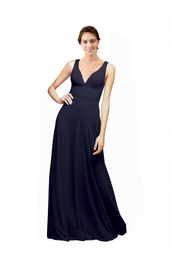 Bleu marine foncé Trapèze Col V Mousseline Longue Robes demoiselle d'honneur à Bas Prix