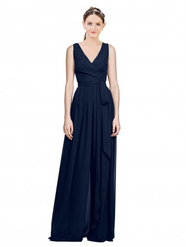 Bleu marine foncé Trapèze Col V Mousseline Longue Robes demoiselle d'honneur à Bas Prix