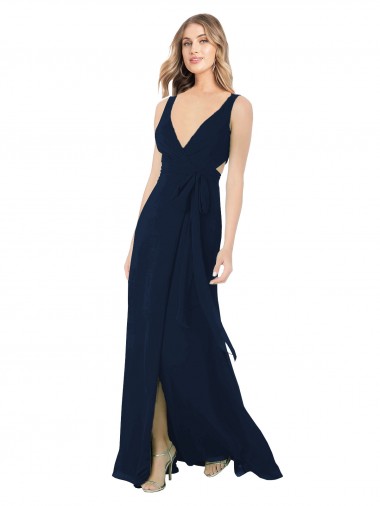 Bleu marine foncé Trapèze Col V Mousseline Longue Robes demoiselle d'honneur à Bas Prix