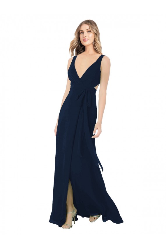 Bleu marine foncé Trapèze Col V Mousseline Longue Robes demoiselle d'honneur à Bas Prix