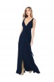 Bleu marine foncé Trapèze Col V Mousseline Longue Robes demoiselle d'honneur à Bas Prix