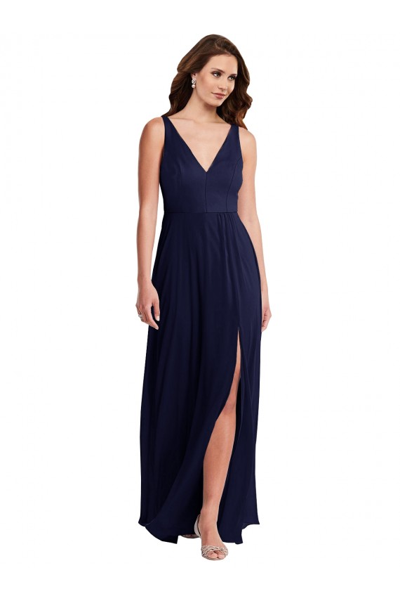 Bleu marine foncé Trapèze Col V Mousseline Longue Robes demoiselle d'honneur à Bas Prix