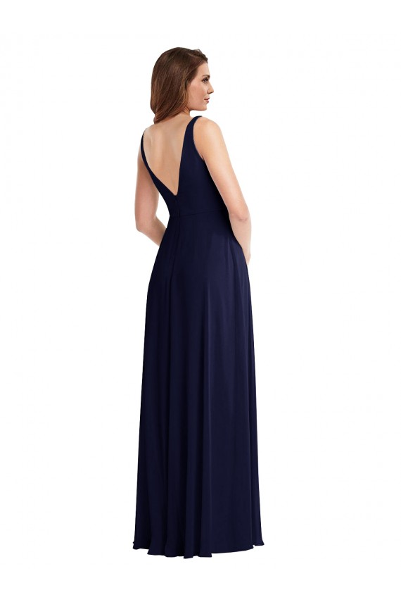 Bleu marine foncé Trapèze Col V Mousseline Longue Robes demoiselle d'honneur à Bas Prix