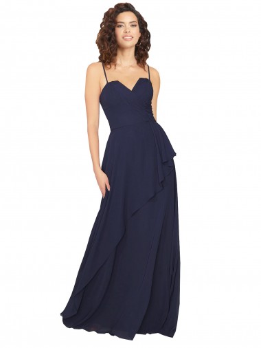Bleu marine foncé Trapèze Col V Mousseline Longue Robes demoiselle d'honneur à Bas Prix