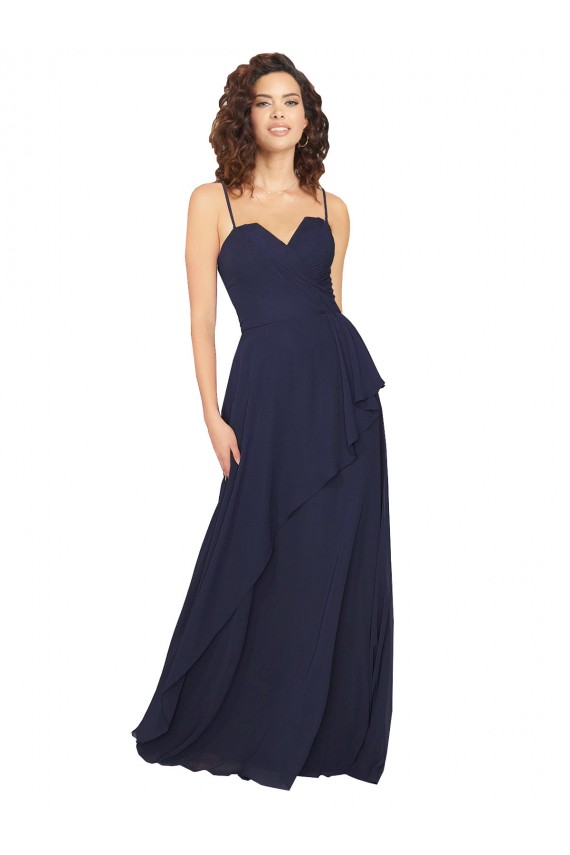 Bleu marine foncé Trapèze Col V Mousseline Longue Robes demoiselle d'honneur à Bas Prix
