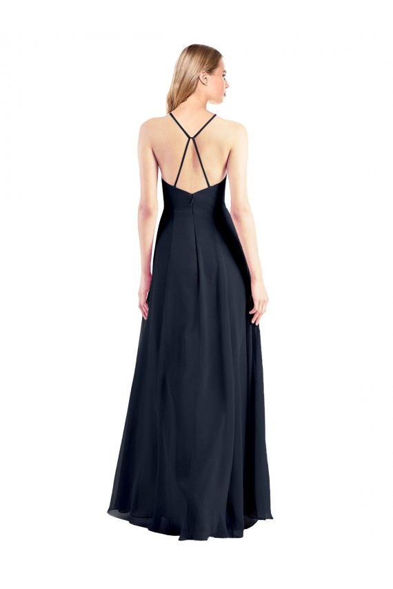 Bleu marine foncé Trapèze Col V Mousseline Longue Robes demoiselle d'honneur / Robes de bal à Bas Prix
