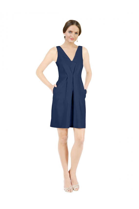 Bleu marine foncé Trapèze Col V Satiné Courte Robes demoiselle d'honneur / Robes de cocktail à Bas Prix