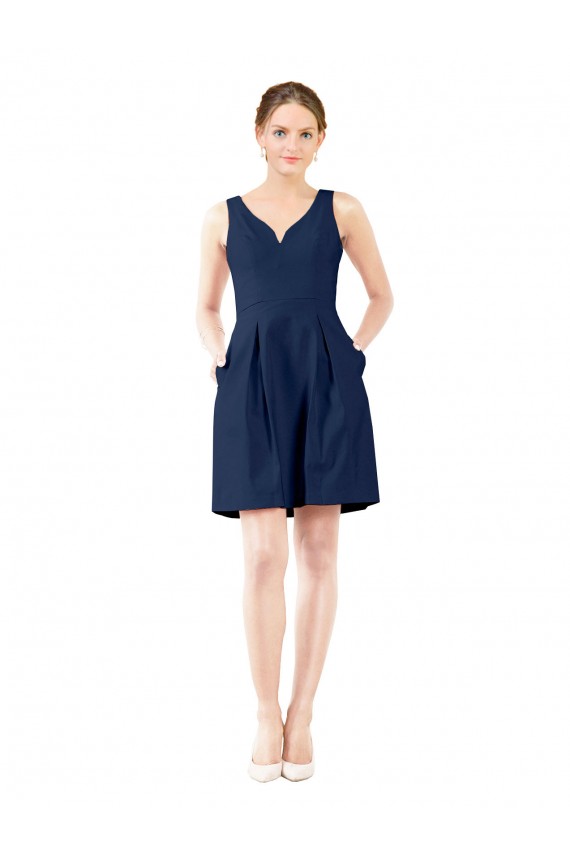 Bleu marine foncé Trapèze Col V Satiné Courte Robes demoiselle d'honneur / Robes de cocktail à Bas Prix